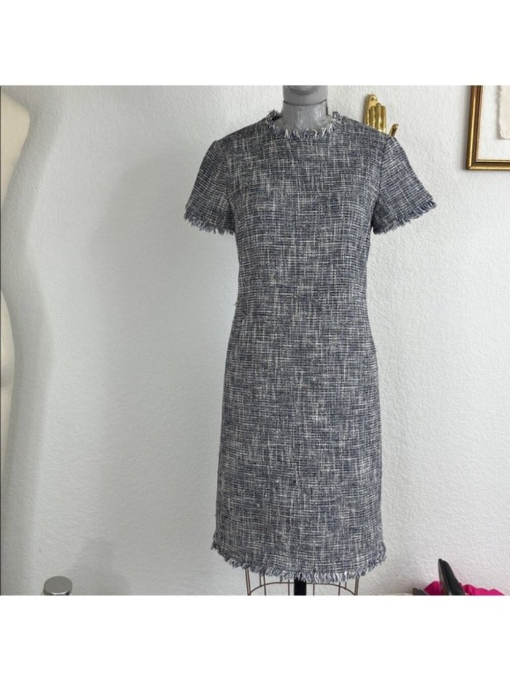 J. McLaughlin Clarence Blue Tweed Fringe Edge Shift Dress Pencil Crewneck Sheath